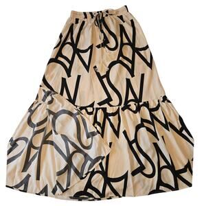 Sz Sm LUUKSE Cream Black Graphic Print Ruffle Slit Midi A-Line Skirt